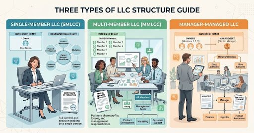 visual comparison of single-member multi-member and manager-managed LLC structures